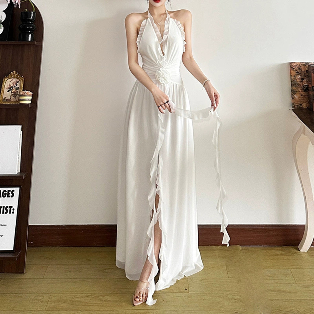 Zara Summer Solid Color Slim Fit Halter Backless Tie Maxi Dress